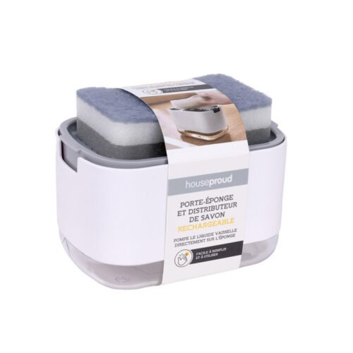 HOUSEPROUD DISTRIBUTEUR LIQUIDE VAISSELLE + EPONGE BLANC