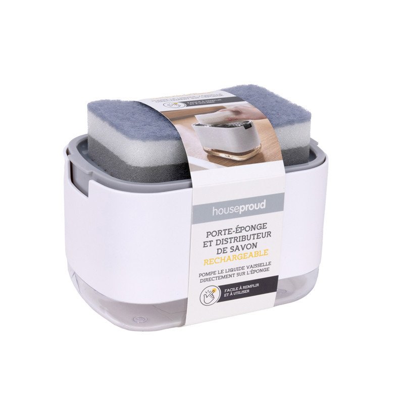 HOUSEPROUD DISTRIBUTEUR LIQUIDE VAISSELLE + EPONGE BLANC