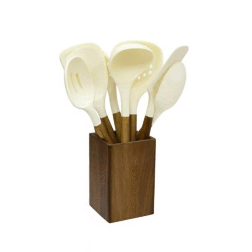 AIDAOU SET DE 9 USTENSILES + POT EN ACACIA 1519-3 BLANC