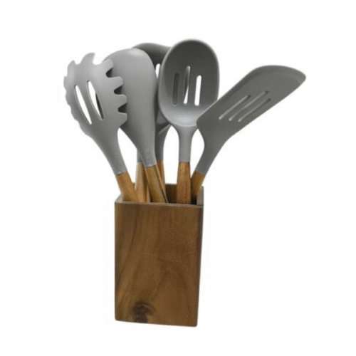 AIDAOU SET DE 9 USTENSILES + POT EN ACACIA 1519-3 GRIS