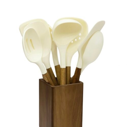 AIDAOU SET DE 9 USTENSILES + POT EN ACACIA 1519-3 BLANC