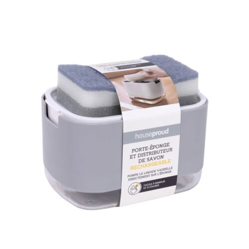 HOUSEPROUD DISTRIBUTEUR LIQUIDE VAISSELLE + EPONGE GRIS